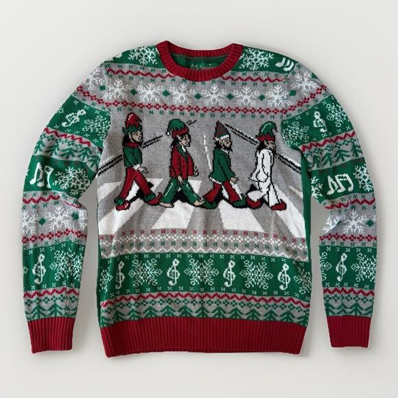 Ugly Christmas Sweater The BEATLES Abbey Road Elves Music Notes Men's Small - Picture 1 of 8